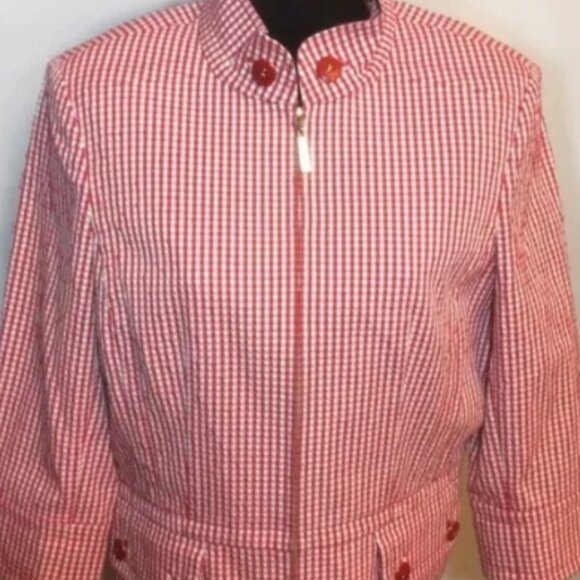 NWOT St. John Yellow Label Red Gingham Cotton Blend Zip Blazer Size 4 - Picture 1 of 6